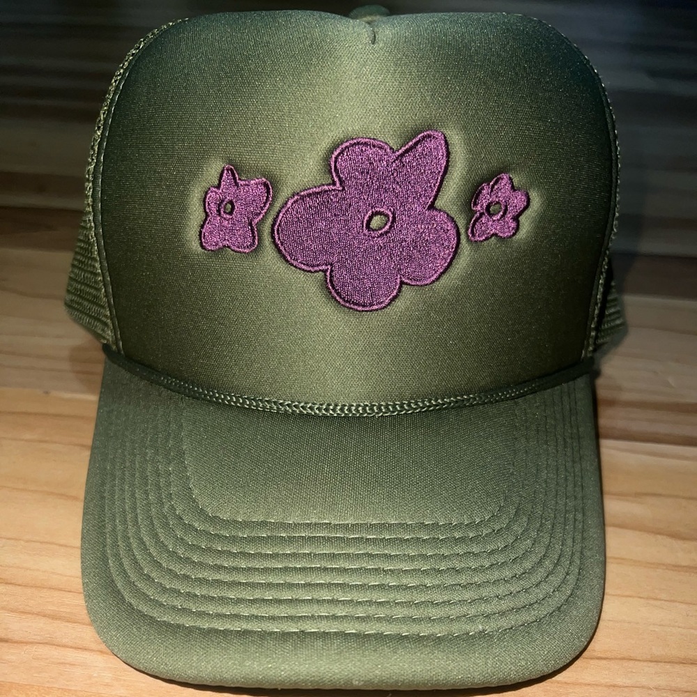 Beacon Threads Olive green Custom hat with Purple embroidered Floral pattern